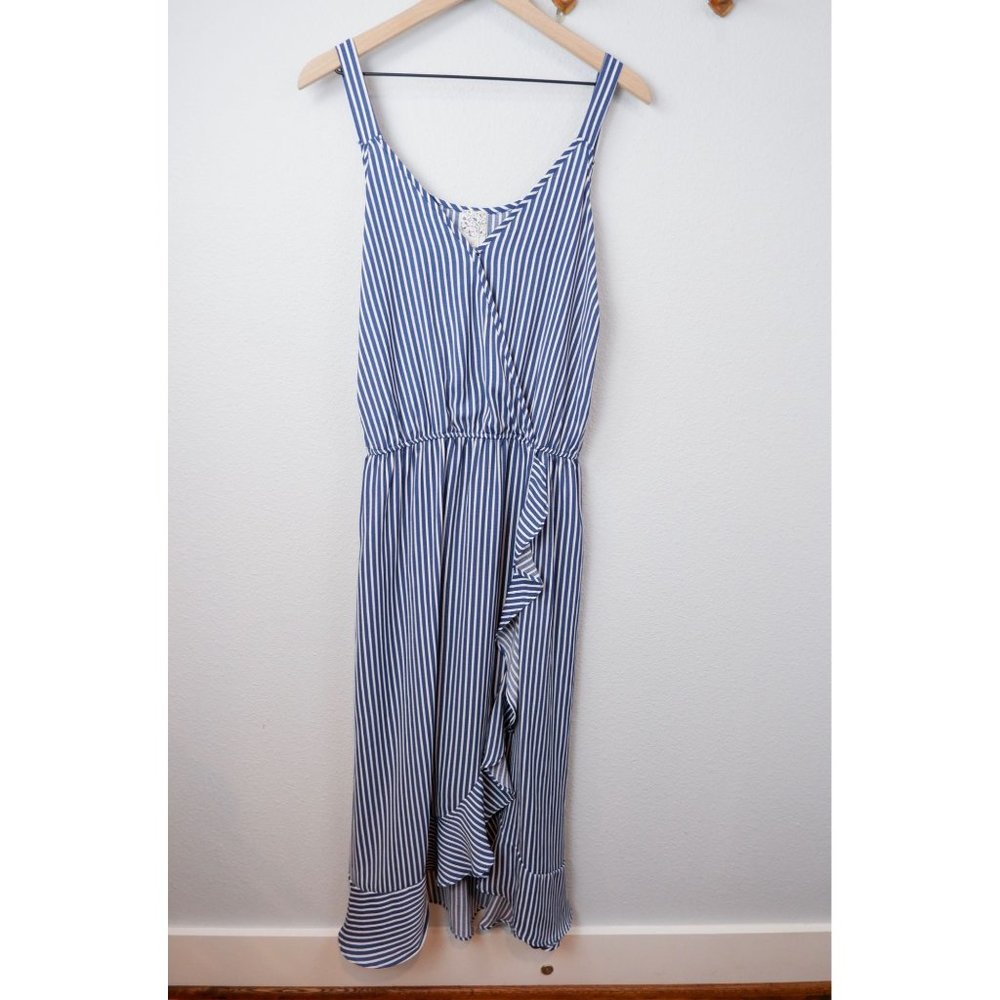 Naif Blue & White Striped Womens Maxi Ruffle Dress, 2X
